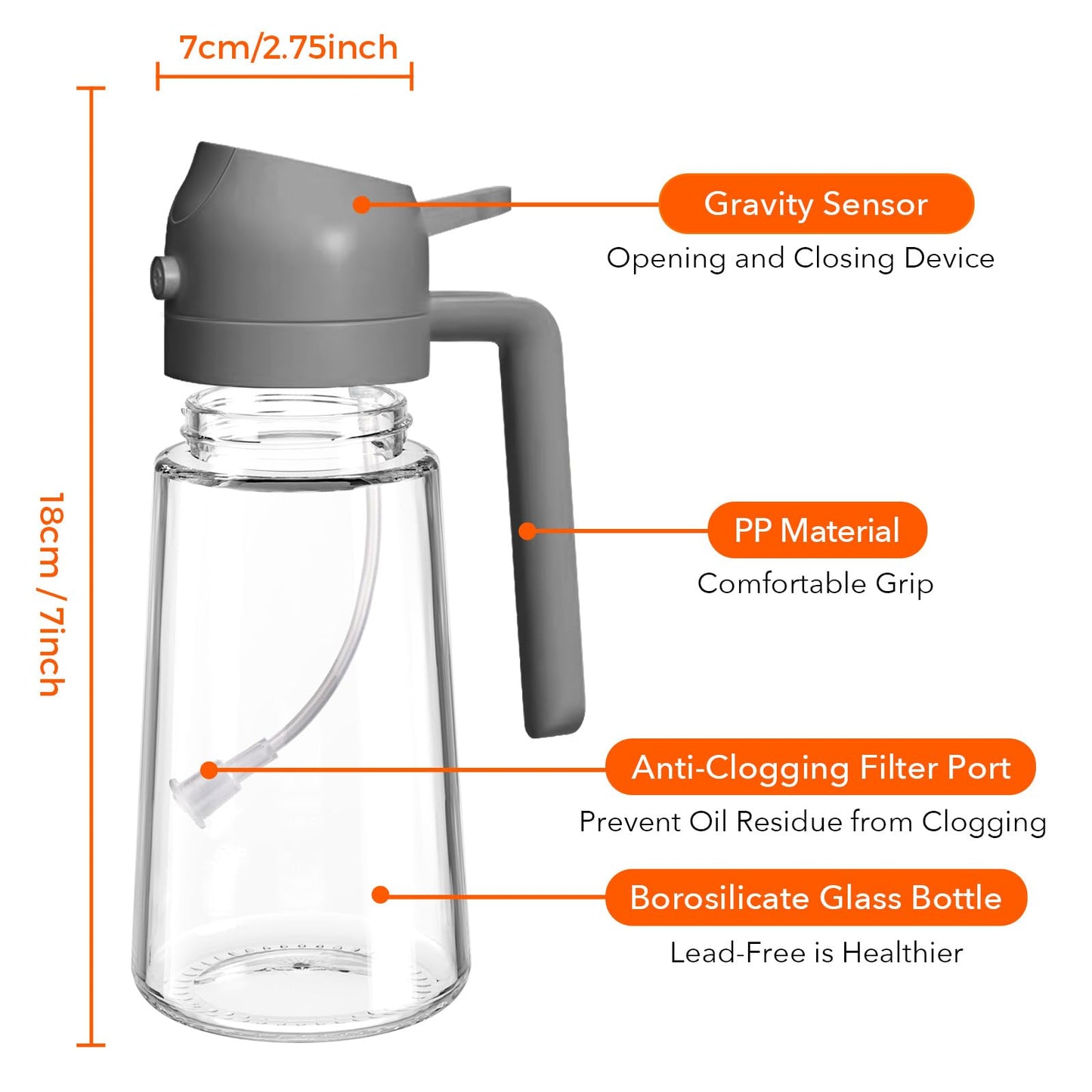 YARRAMATE 16oz/470ml Oil Sprayer for Cooking with Stickers, Food-grade Premium 2 in 1 Olive Oil Dispenser Bottle for Kitchen Gadgets, Air Fryer, Salad, Frying, BBQ (Gray)