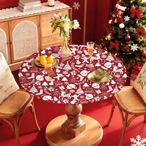 Artsgoo Christmas Round Fitted Tablecloth 52-Inch for 46-50 Inch Tables