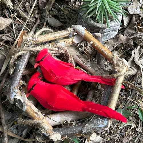 2pcs Red Cardinals Birds Decor Cover with Feather 5.5inch Clip on Artificial Bird Figurines for Crafts Decoration Christmas Tree Ornaments
