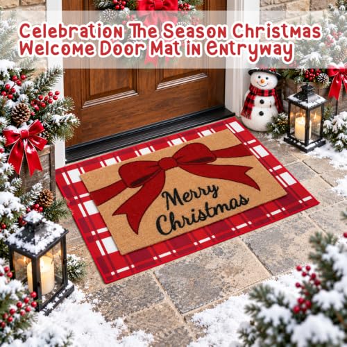 Prewplam 2 Pcs Christmas Welcome Doormat Set with Red Bow & Plaid Rug