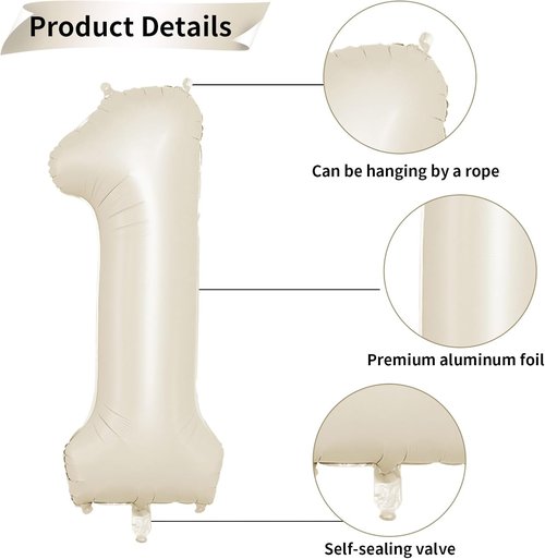 Beige 40-Inch Cream Number 1 Balloon - Giant Foil Balloon for 1st Birthday Decorations