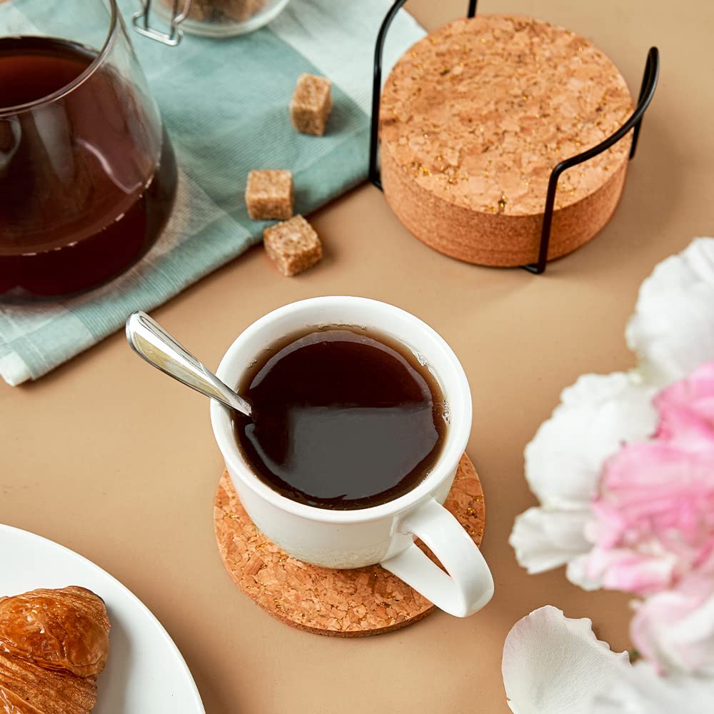 LIFVER Cork Coaster for Drinks with Holder, 8 Pcs Absorbent Coasters, Outdoor Coasters for Wooden Table Protection, Suitable for Kinds of Cups, House Warming Gifts 4 Inches