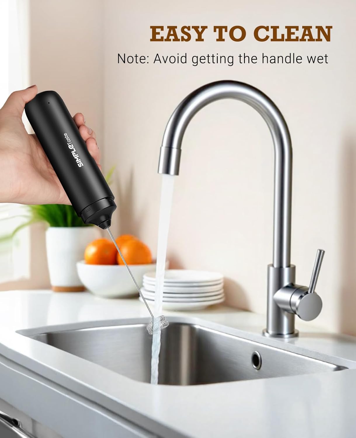 SimpleTaste Handheld Electric Milk Frother - Stainless Steel Whisk for Cappuccino & Latte | USB-C Rechargeable, Black