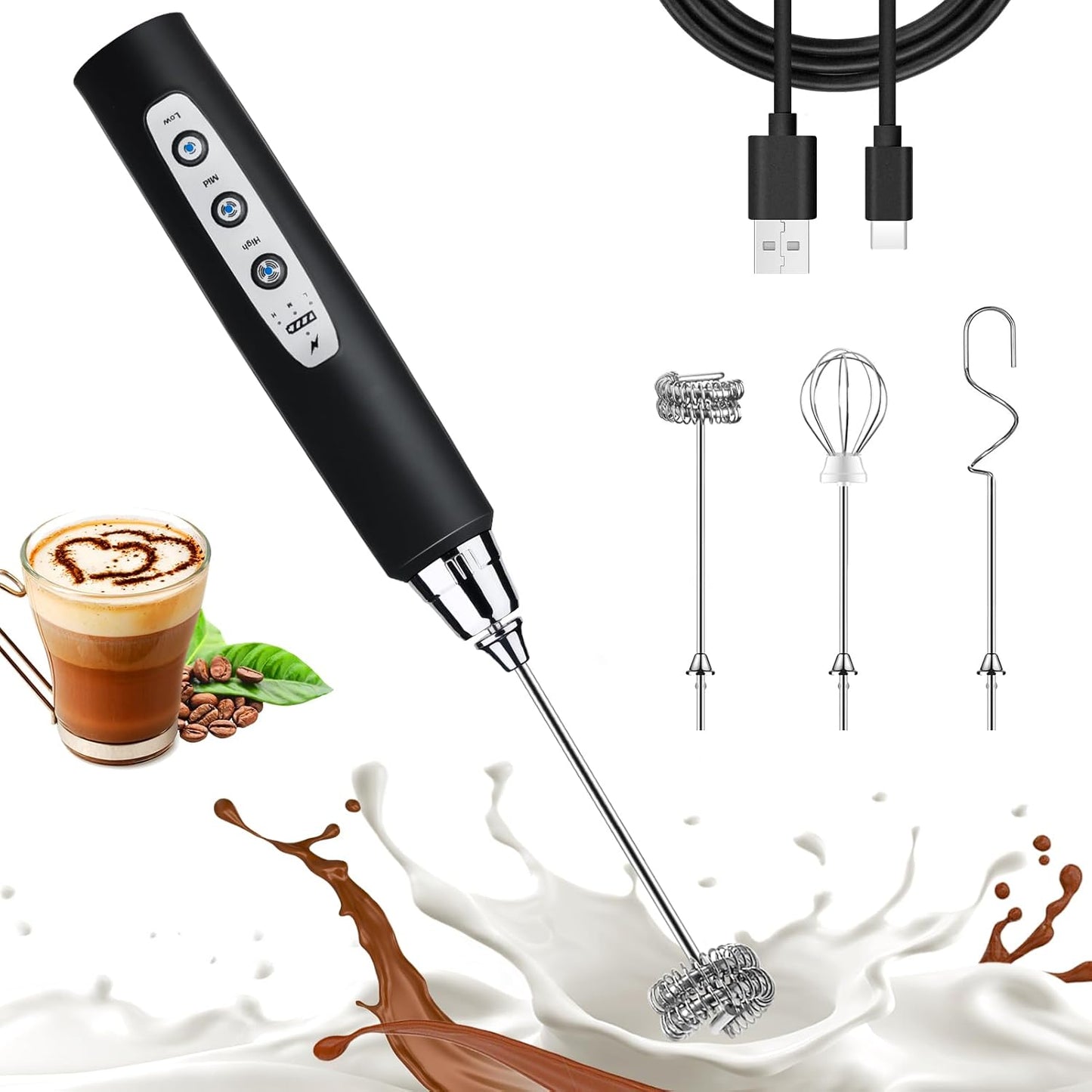 Nahida Black Milk Frother Wand - Handheld Electric Whisk Mixer with 3 Heads & 3 Speeds for Lattes, Cappuccinos & Hot Chocolate