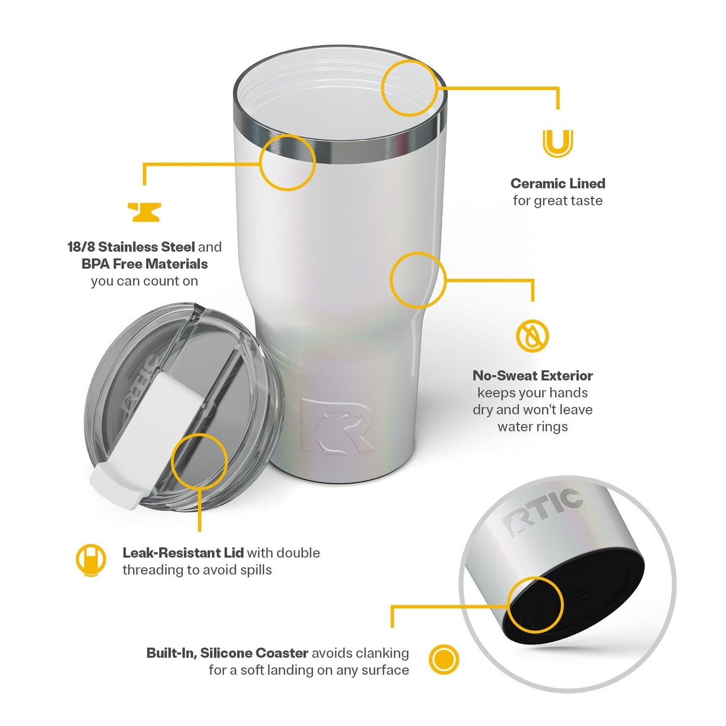 RTIC 30oz Essential Tumbler with Lid, Ceramic Lined, Insulated, Stainless Steel, Metal, Double Wall Vacuum-Insulation, Travel Cup for Iced Coffee, Tea, Hot and Cold Drink, Cool Grey Glitter