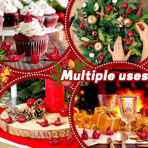 50 Pcs Christmas Mini Resin Red Cardinal Bird Figurines Tiny Cardinal Figurine Decor Small Christmas Ornaments for Gift Xmas Miniature Garden Crafts Cake Topper Decoration