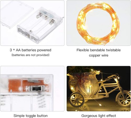 Ariceleo LED Fairy Lights - Battery Operated Mini Copper Wire String Lights | 5m/16ft Warm White for Bedroom, Weddings & Parties