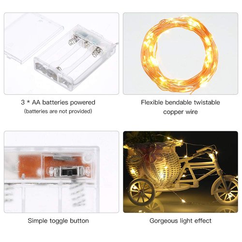 Ariceleo Led Fairy Lights Battery Operated, 2 Packs Mini Battery Powered Copper Wire Starry Fairy Lights for Bedroom, Christmas, Parties, Wedding, Centerpiece, Decoration (5m/16ft Warm White)