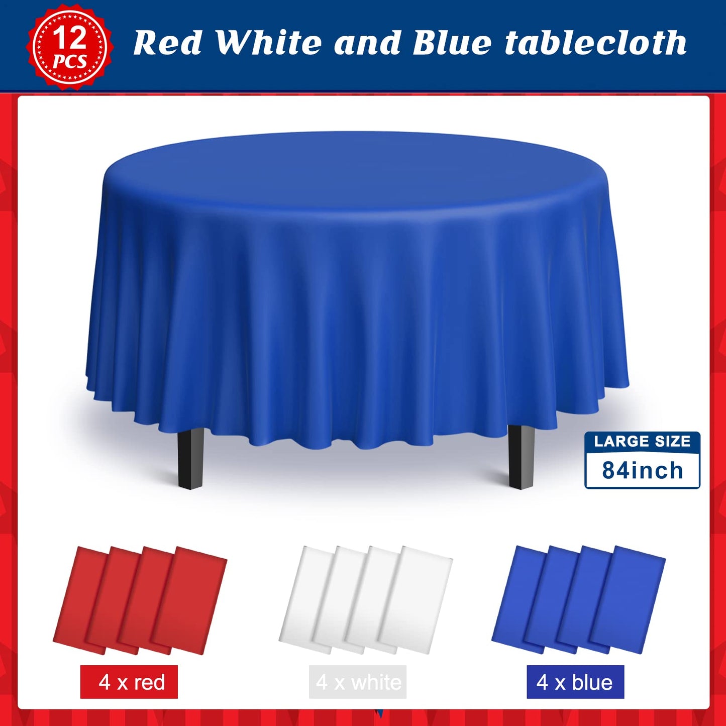 MASHAN 12 Pack 4th of July Plastic Tablecloth, Red White and Blue Patriotic Disposable Tablecloth,Round Table Cover for Independence Day Memorial Day Veterans Day 250 Anniversary Decorations, 84 Inch