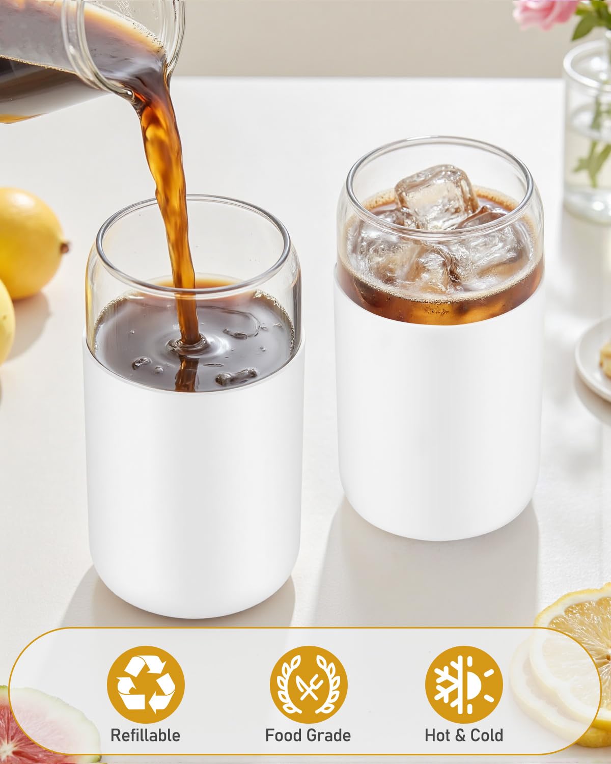 sungwoo Glass Cups with Lids and Straws, 4 Pack 16OZ Iced Coffee Cups with Silicone Sleeve, Glass Tumbler with Straw and Bamboo Lid, Home Essential Drinking Set for Juice, Cocktail and Latte White