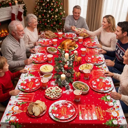 Ceenna 452 Pcs Christmas Tableware Set Red Gold - Snowman Theme, 50 Guests, Includes Plates Cups Napkins Cutlery & Tablecloths ( variation: Red Gold / Christmas )