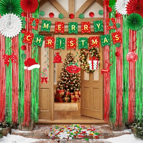 Christmas Banner Decorations Pack with Garlands & Foil Curtains - Holiday Party Supplies