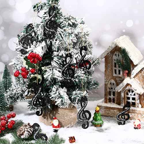 Roowest 12 Pcs 2025 Christmas Music Note Ornaments Treble Clef Hanging Where Words Fail Music Speaks Sign Glitter Acrylic Ornament for Xmas Tree Party Decoration (Black)