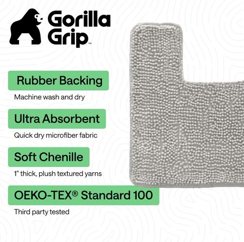 GORILLA GRIP Plush Chenille Bath Rug Mat - Soft Microfiber, Absorbent Design for Square Toilet Base - Light Gray