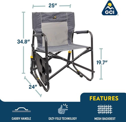 GCI Outdoor Freestyle Rocker Camping Chair - Portable Folding Design with Side Table, Drink Holder & Comfortable Backrest | Heathered Indigo