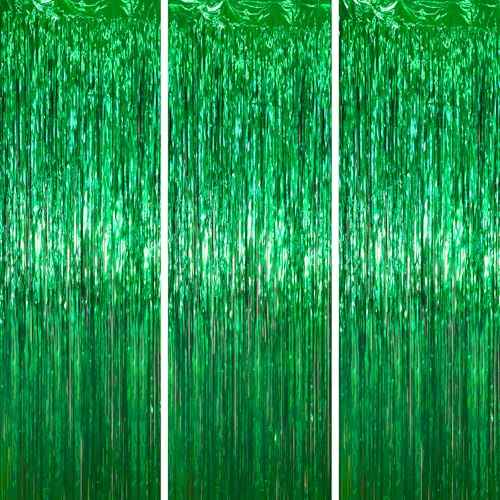 3 Pack 3.3 x 6.6 ft Green Foil Fringe Backdrop Curtains, Tinsel Streamers Party Decorations, Fringe Backdrop for Birthday, Dinosaur, St Patrick's Day, Soccer, Christmas