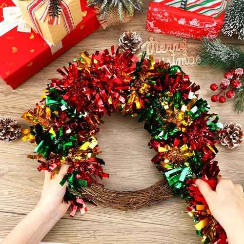 MARFOREVER Xmas Tinsel Garland Decor, Christmas Metallic Garlands Red Green Gold Hanging Garland for Merry Christmas Party Wedding Fireplace Stairs Railing Mantel Wreath Ornaments, 3 Pcs 19.7 FT