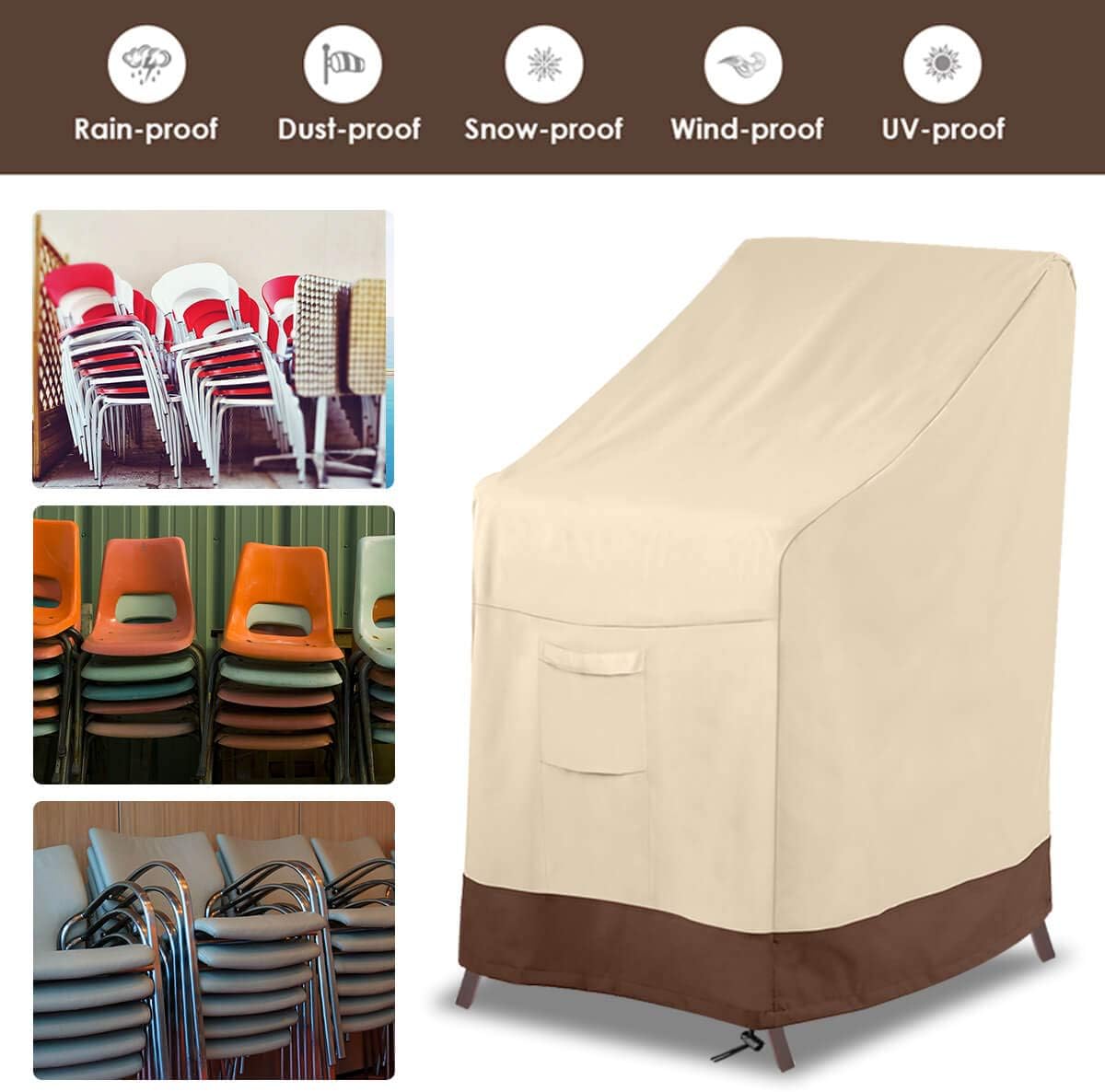 Vailge Waterproof Stackable Patio Chair Cover - Heavy Duty Protection for 4-6 Chairs | 36"L x 28"W x 47"H | Beige & Brown