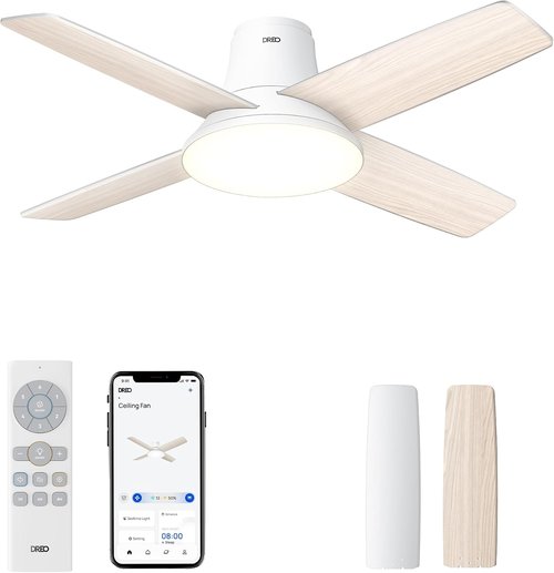 DREO Smart Ceiling Fan with Lights - 12 Speeds, Quiet DC Motor, Dimmable LED, 44" White Flush Mount