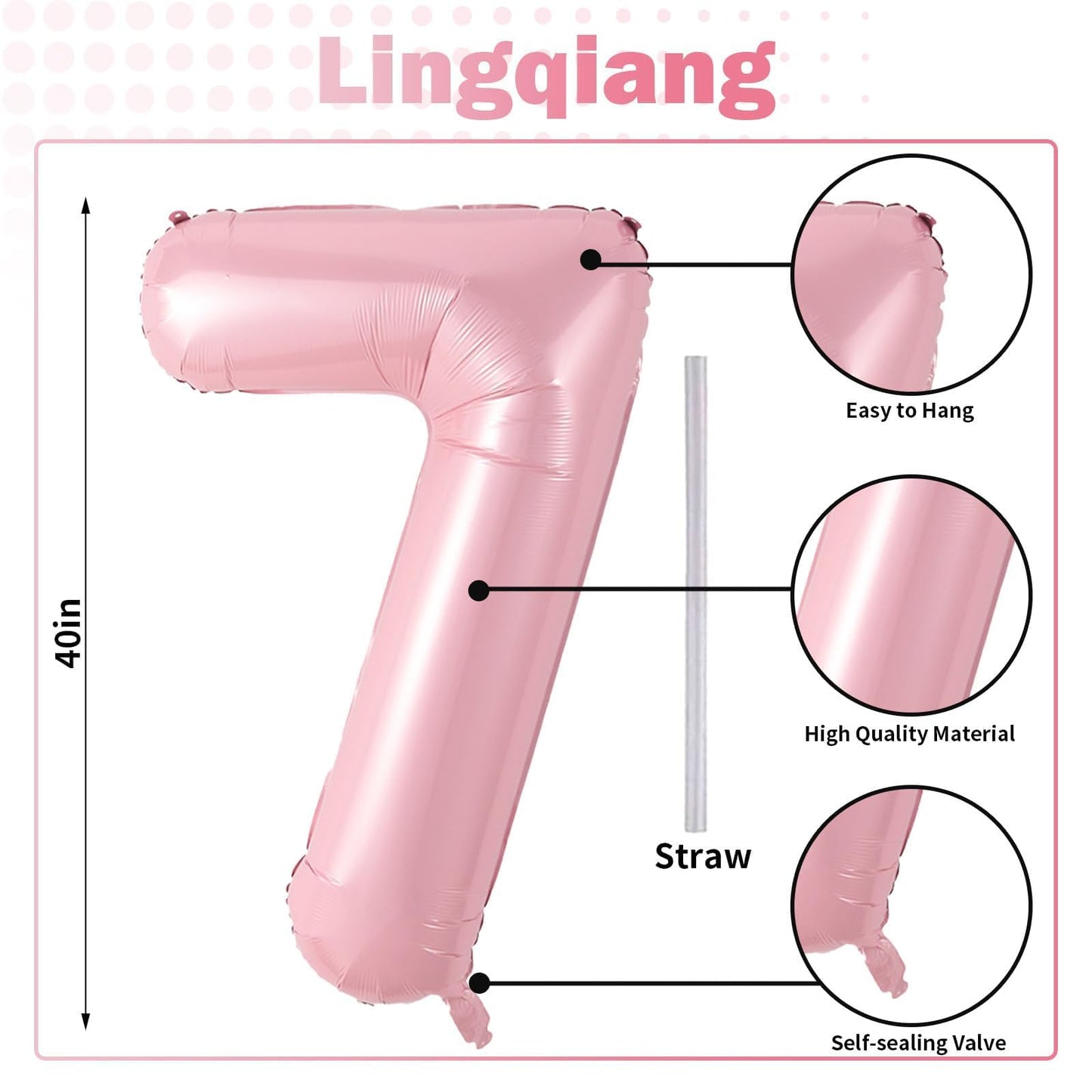 Light Pink Foil Balloon Number 7, 40'' Giant Self Inflating Number Balloons Set 0-9, Large Pastel Pink Number 7 Helium Balloon for Girls 7th Birthday Princess Party Decorations Supplies