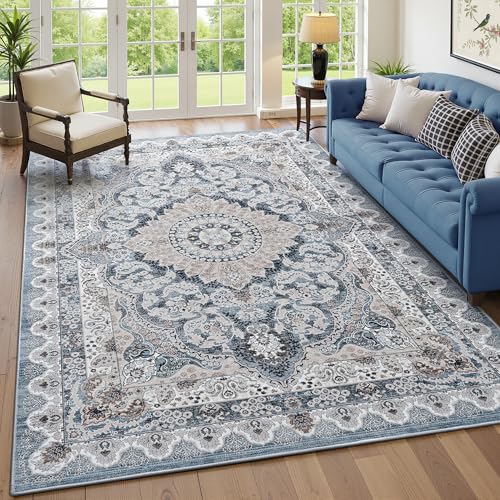 Blue Washable Area Rug 6x9 Ft - Vintage Geometric Floral Flat-Back Carpet