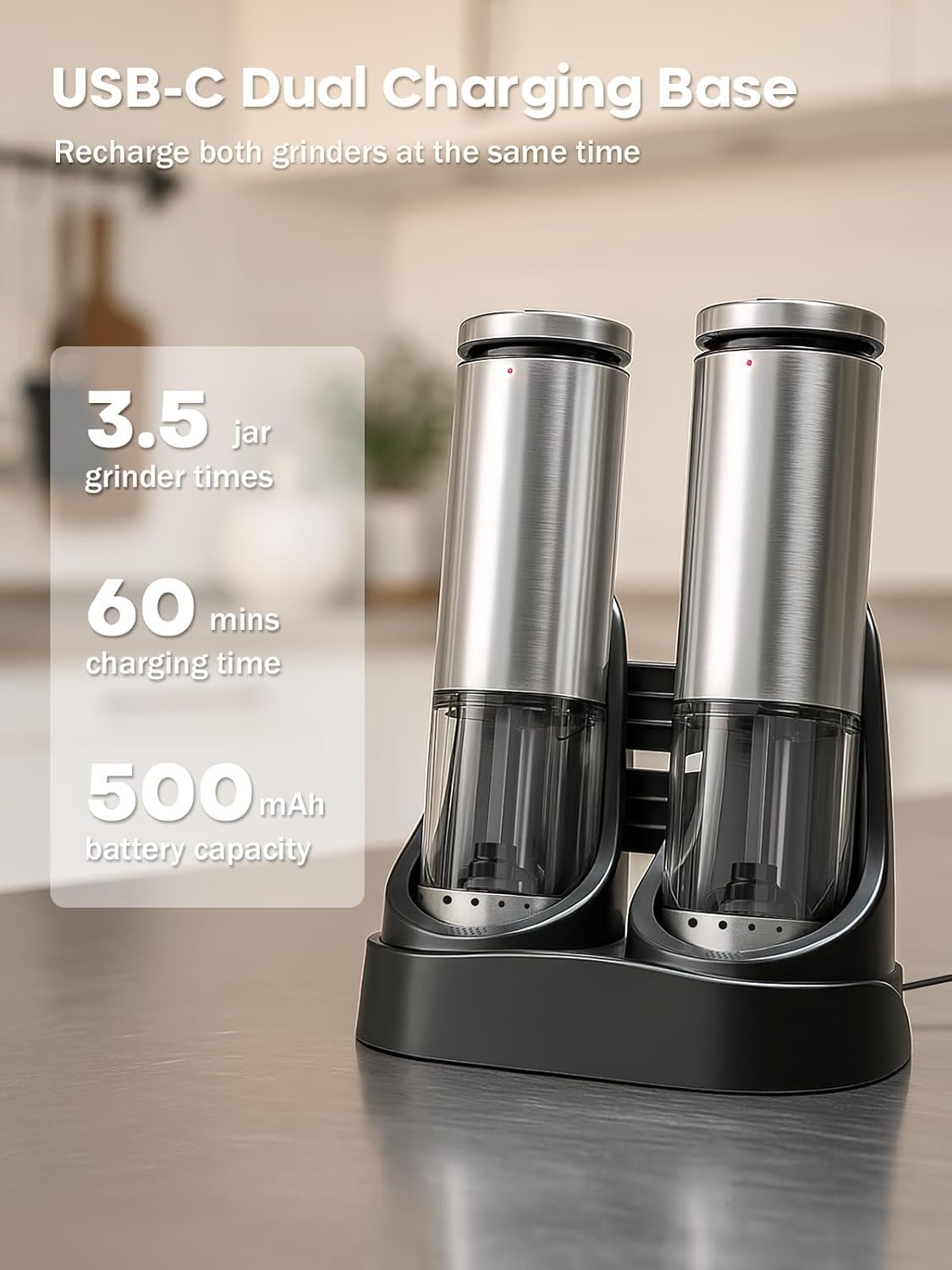 Skiennix Electric Salt and Pepper Grinder Set - Rechargeable Automatic Grinders with Adjustable Coarseness | Stainless Steel, Silver