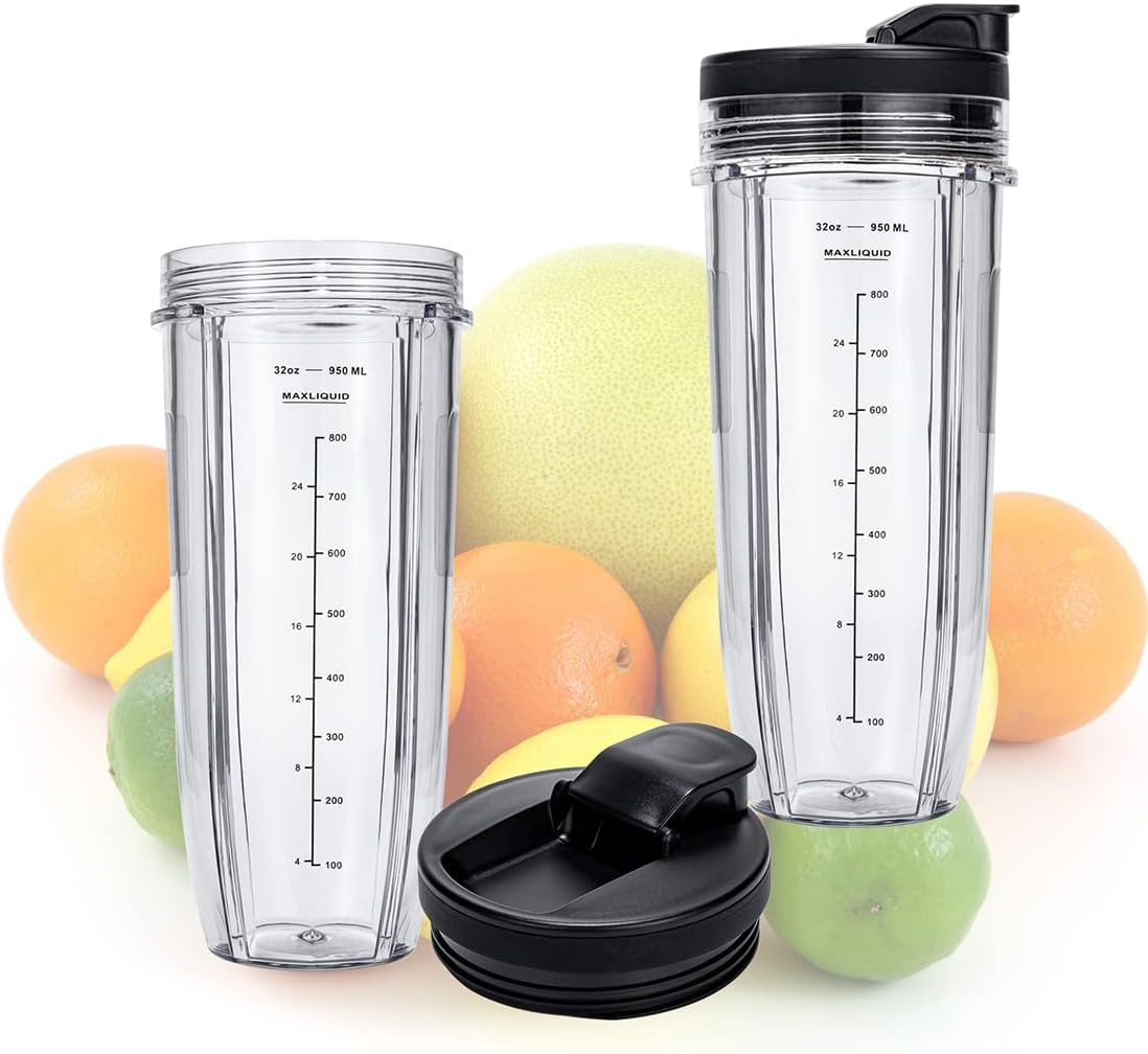 Ninja 32oz Replacement Cups - Compatible with Nutri BN401, BN800, Upgraded Sip & Seal Lids | 2 Pack