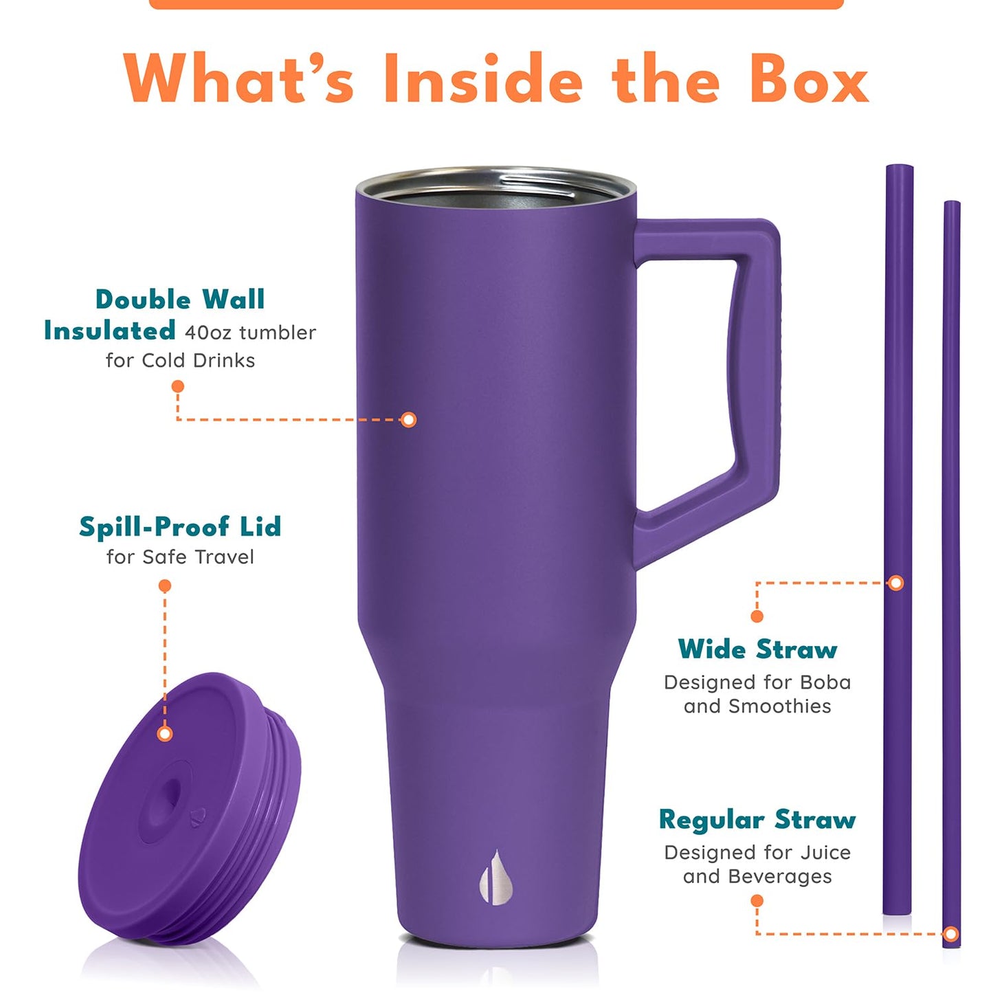 Elemental 40 oz Tumbler with Handle and Straw - Spill Proof Insulated Stainless Steel Commuter for Cold Beverages - Travel Coffee Mug with 2 Straws & Spill Proof Lid - 40oz - Purple