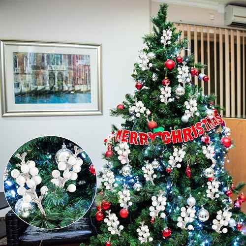 Sggvecsy 30Pcs Christmas Glitter Berries Stems Artificial Red Berry Branches Holly Picks Stems Christmas Tree Ornaments for DIY Xmas Wreath Crafts Gifts Holiday Home Decor (White)