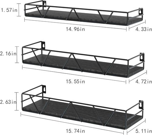 Amaoot Floating Shelves - Set of 3 Wall-Mounted Wood Shelves | Stylish Black Farmhouse Design for Home