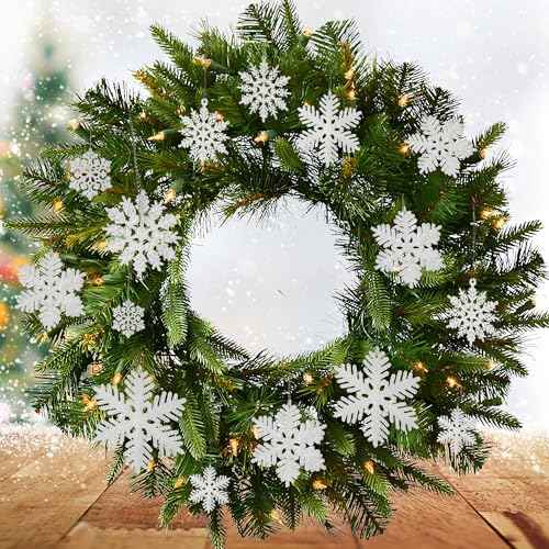 Crafare 48pcs White Plastic Glitter Snowflakes Hanging Ornaments for Christmas Tree Indoor Winter Wonderland Decor