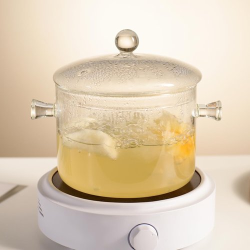 Clear Glass Cooking Pot With Lid And Brush And Silicone Hot Pads On Stove - 2L(68oz) Borosilicate Glass Simmer Pot And Pan With Cover - Glass Cookware Stovetop Pot Set For Pasta, Noodle, Soup, Milk