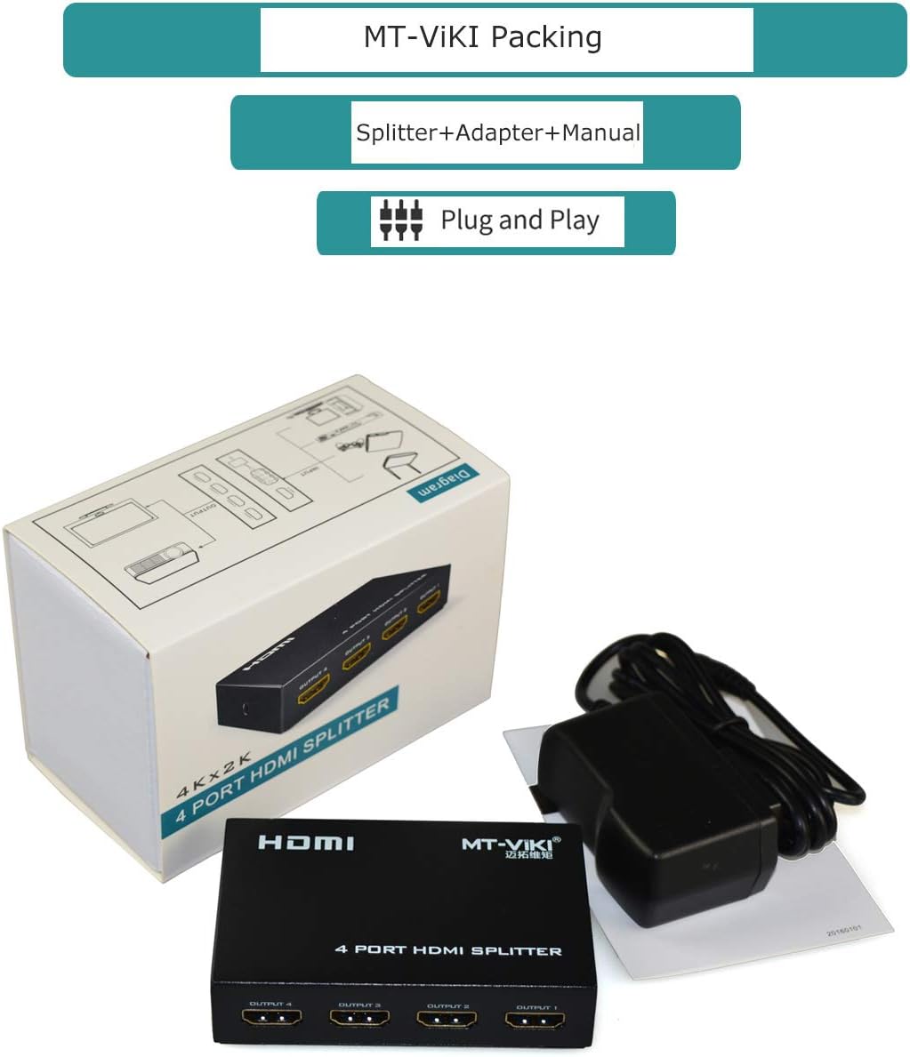 MT-ViKI HDMI Splitter - 1 In 4 Out 4K 30Hz Powered Distributor for Gaming Consoles & PCs | Includes Power Adapter