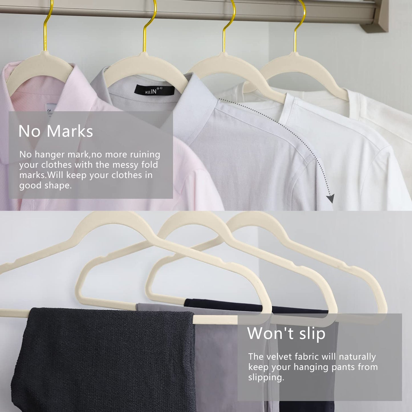 MIZGI Premium Velvet Hangers Pack 30 Pcs Heavyduty - Non Slip Slimline - Velvet Suit Hangers Ivory - Gold Hooks,Space Saving Clothes Hangers