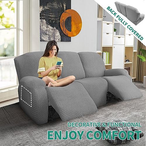 Light Gray 3-Seater Recliner Sofa Cover - 8-Piece Stretch Jacquard Fitted Slipcover with Side Pocket