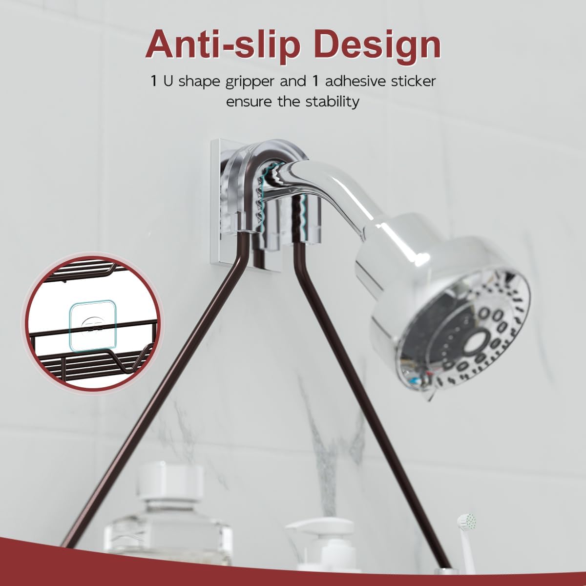 TreeLen Shower Caddy - Over Shower Head Bathroom Organizer with 4 Hooks for Shampoo - Bronze