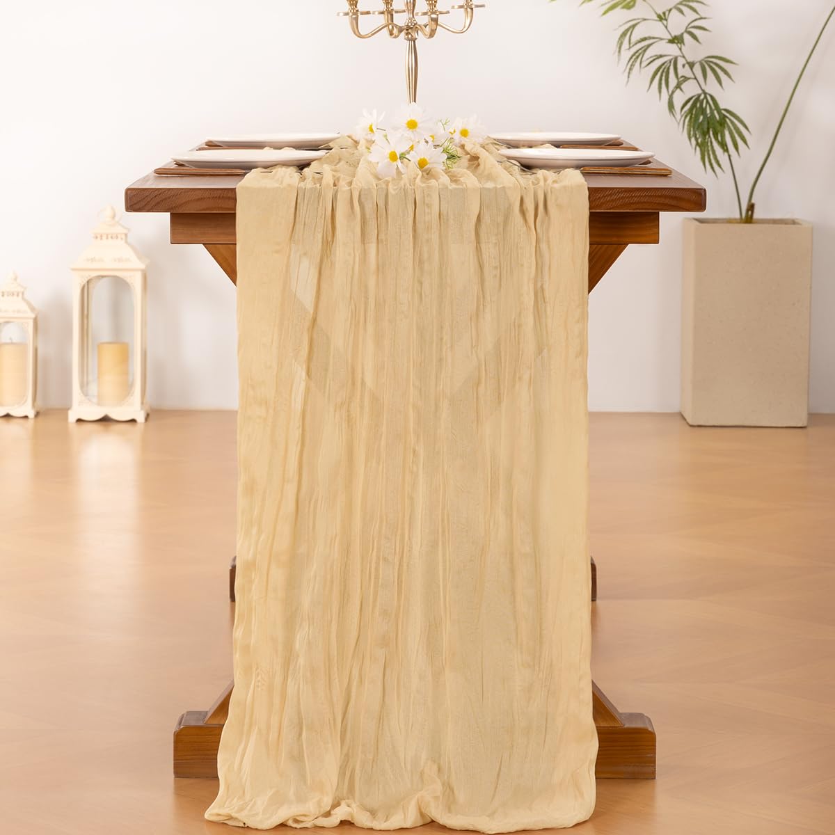 Socomi 6pcs Gold Champagne Cheesecloth Table Runner Summer Boho Rustic Gauze 120 inch 10FT Cheese Cloth Sheer Runner for Wedding Party Baby Shower Birthday Home Decor Holiday Decorations