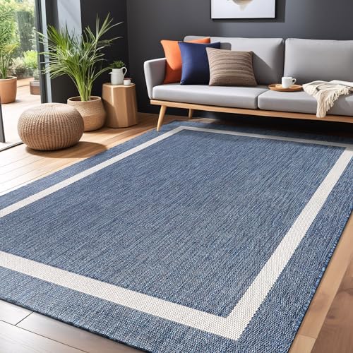Luul Home 7' x 5' Blue Bordered Outdoor Waterproof Washable Area Rug