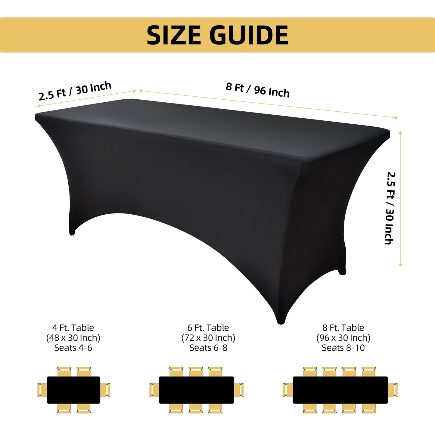 ZarzaaSik 6-Pack 8ft Black Spandex Table Covers for Rectangle Folding Tables - Washable Elastic Tablecloth - Ultimate Fitted Table Protector for Birthday Parties, Trade Shows, Banquet