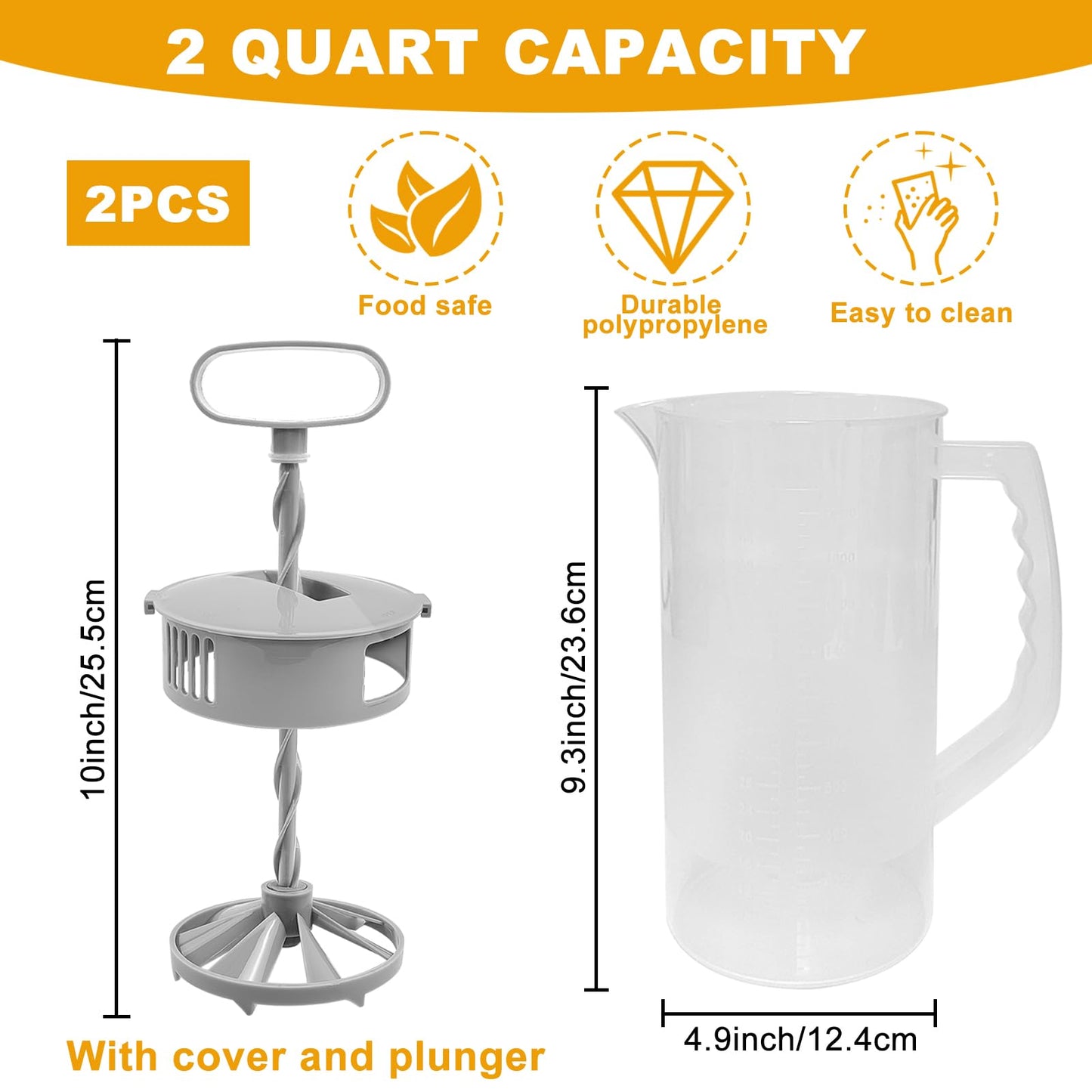 2 Pack Mixing Pitcher for Drinks 2 Quart/ 64oz Plastic Water Pitcher with Lid，Easy-Mix Juice Container，Angled Plastic Blades and Adjustable Mixer Plunger for Juice, Tea, Beverage Container