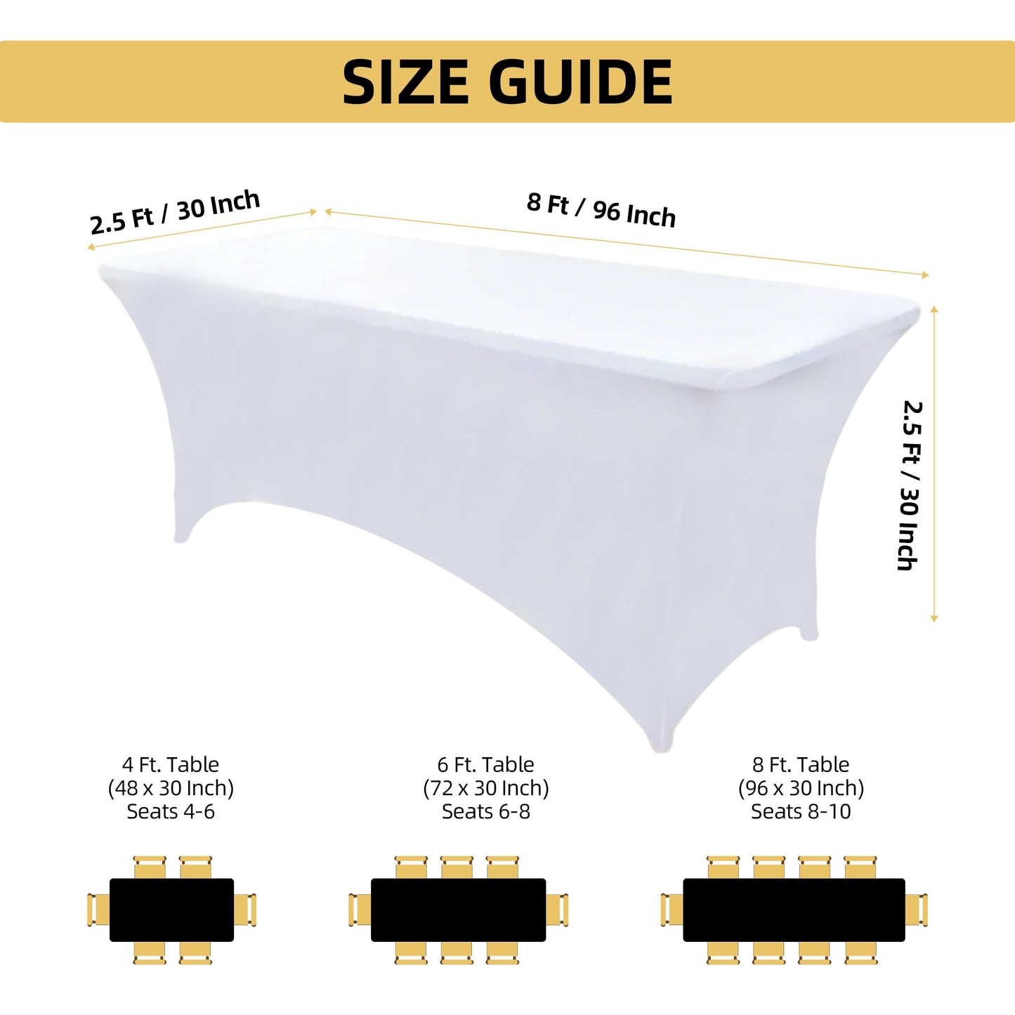 ZarzaaSik 10-Pack 8ft White Spandex Table Covers for Rectangle Folding Tables - Washable Elastic Tablecloth - Ultimate Fitted Table Protector for Parties, Trade Shows, Banquet, and Wedding