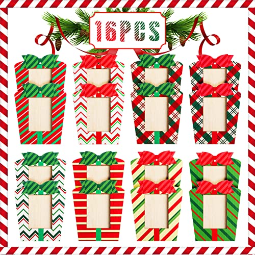 Blulu 16 Pieces Christmas Picture Frame Ornaments for Tree Christmas Hanging Photo Frame Ornaments Red and White and Green Present Box for Tree Party Decorations