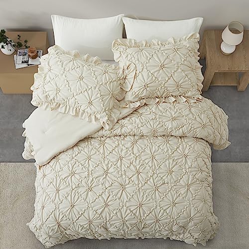 Beige King Comforter Set with Pinch Pleat Ruffle 3 Pieces - Microfiber Bedding