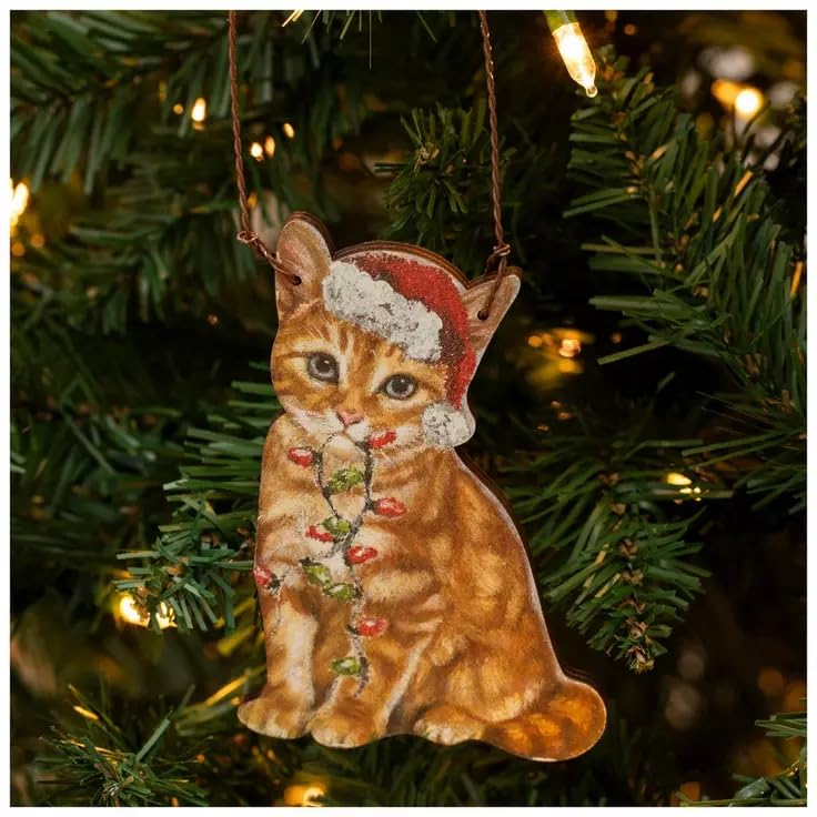 Christmas Crafts Ginger Orange Cat Wood Ornament - 4.5 in Hanging Christmas Ornament