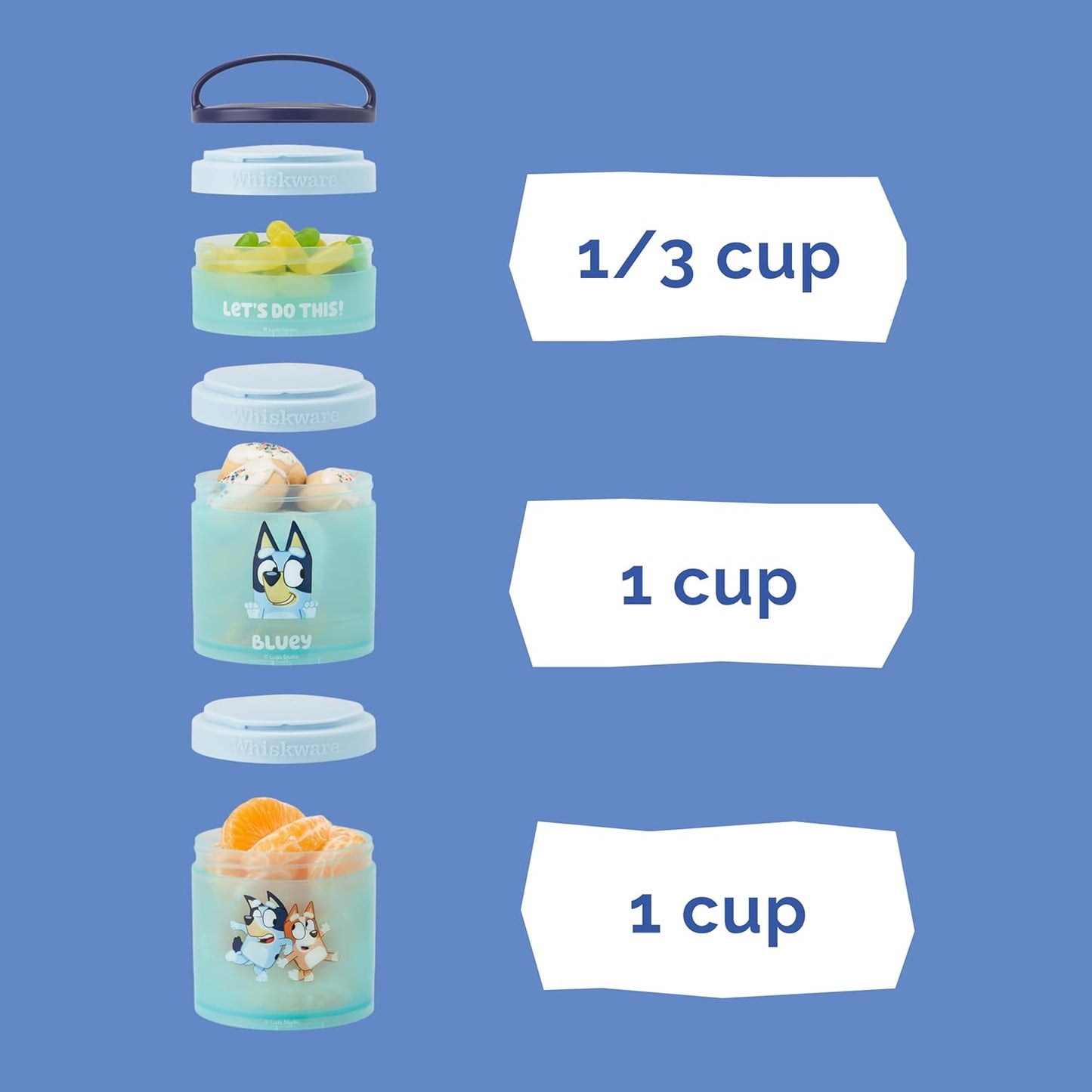 Whiskware Stackable Snack Containers - 3 Cup Set for Kids | Travel-Friendly, Cupholder Compatible, Bluey Design
