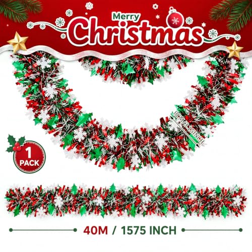Riceshoot 131ft Red Green White Christmas Tinsel Garland Metallic Foil Decor, Classic 40m