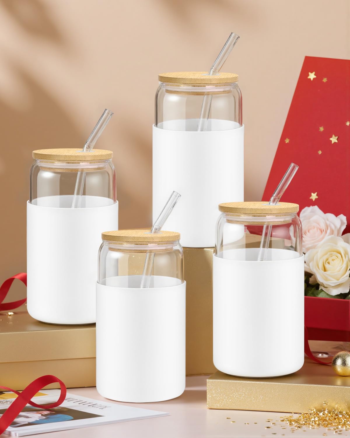 sungwoo Glass Cups with Lids and Straws, 4 Pack 16OZ Iced Coffee Cups with Silicone Sleeve, Glass Tumbler with Straw and Bamboo Lid, Home Essential Drinking Set for Juice, Cocktail and Latte White