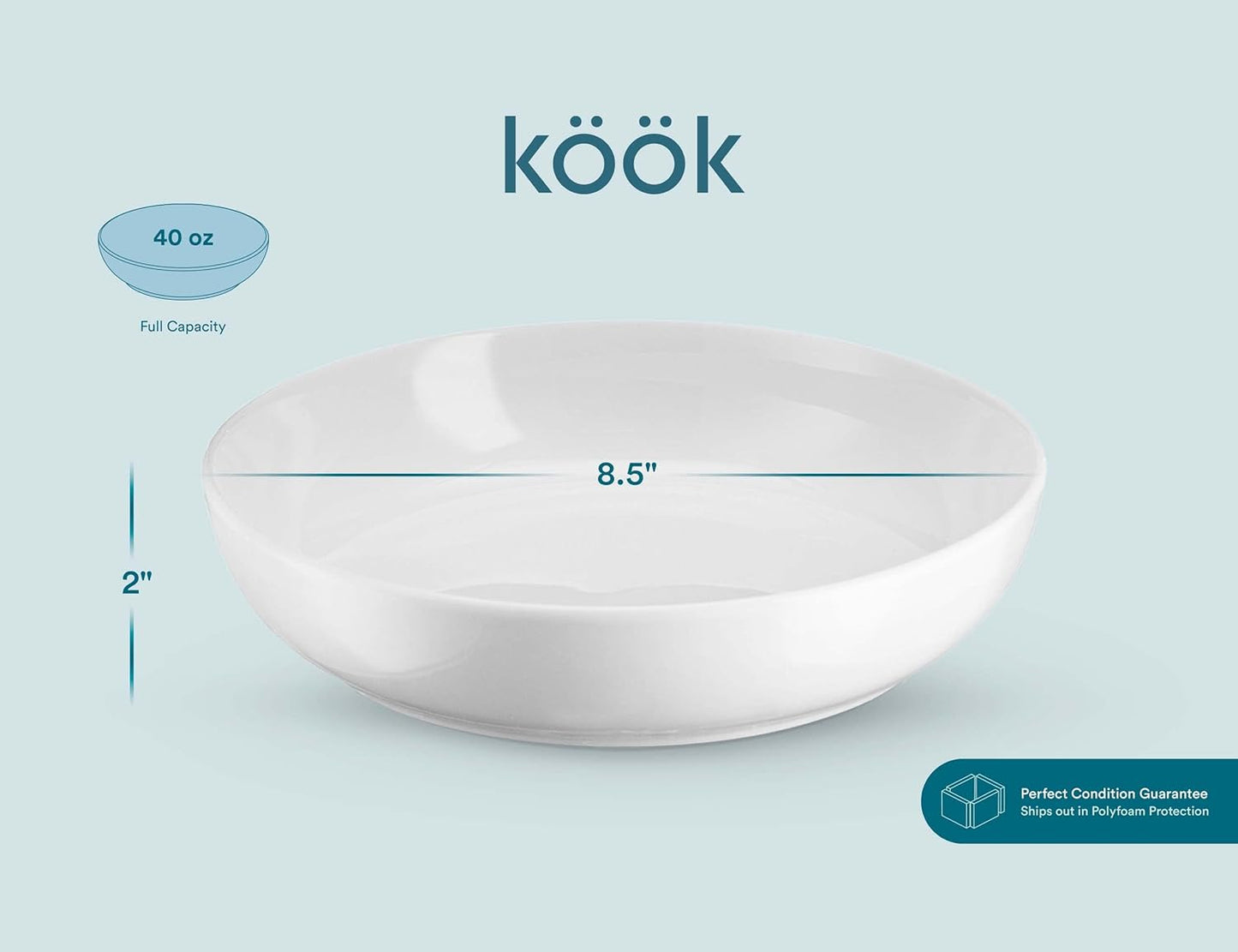 KooK Ceramic Pasta Bowls - Large Capacity Serving Bowls | Microwave & Dishwasher Safe, Set of 4 (White)
