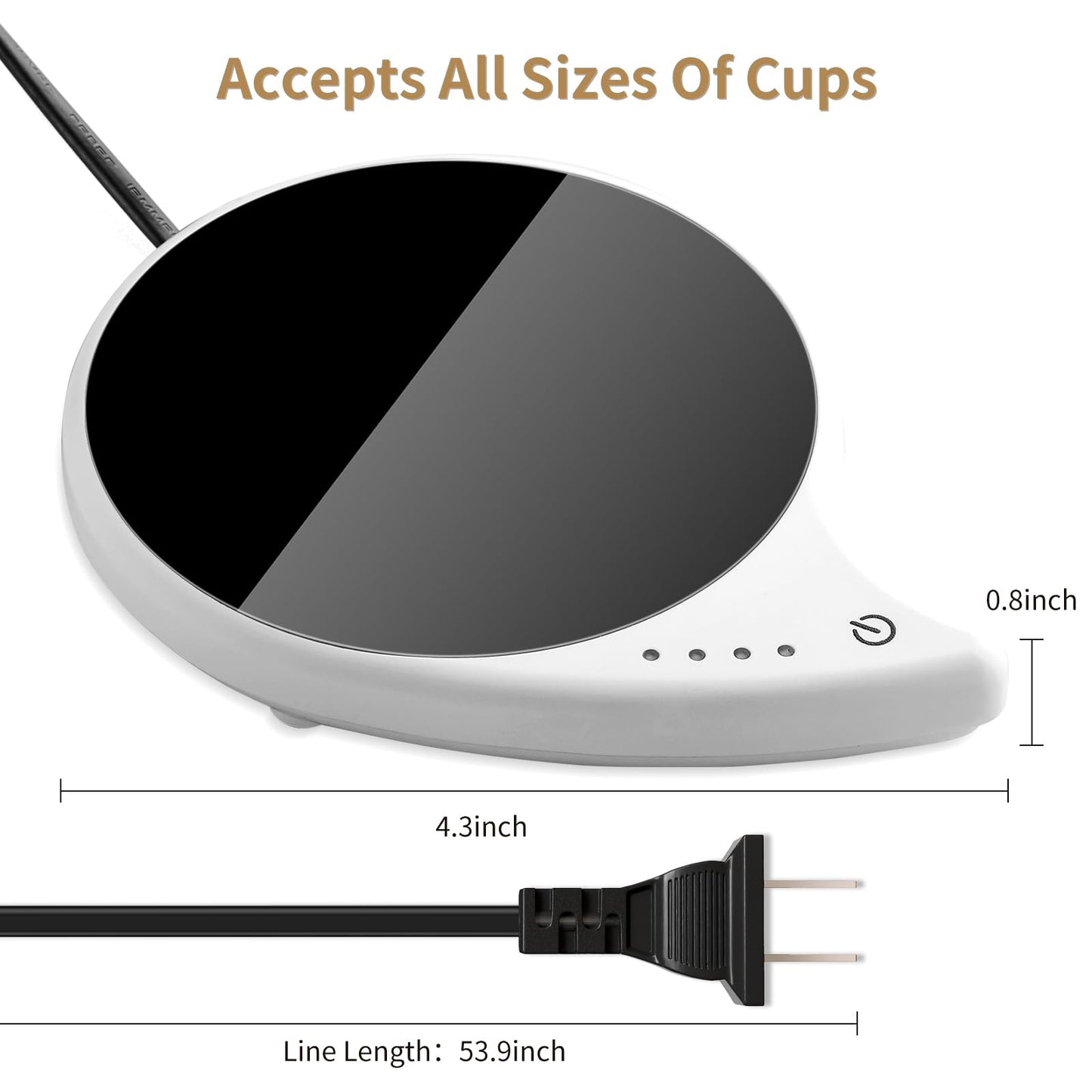 Coffee Warmer for Desk, Touch Control Mug Warmer, 4 Temperature Settings Up to 144℉, 4.3-inch Plate for Glass Cups, Mugs, Teapots, 59-inch Cord, Ideal for Office and Gifts