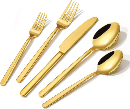 KINGSTONE 20-Piece Gold Silverware Set - 18/10 Stainless Steel, Mirror Polished, Dishwasher Safe for Home & Events
